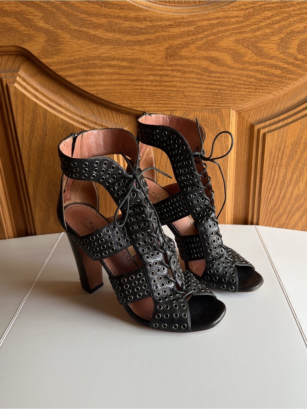 Alaïa Laser Cut Cage Sandals EU 36.5 Black Lace Up Gladiator Gothic Luxe